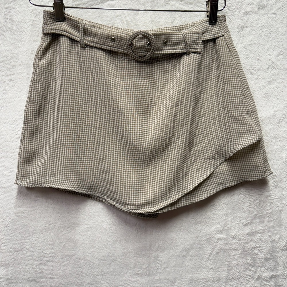 Lulus Lined Mini Skirt Skort Large Beige Houndstooth Belted Preppy Academia Fall